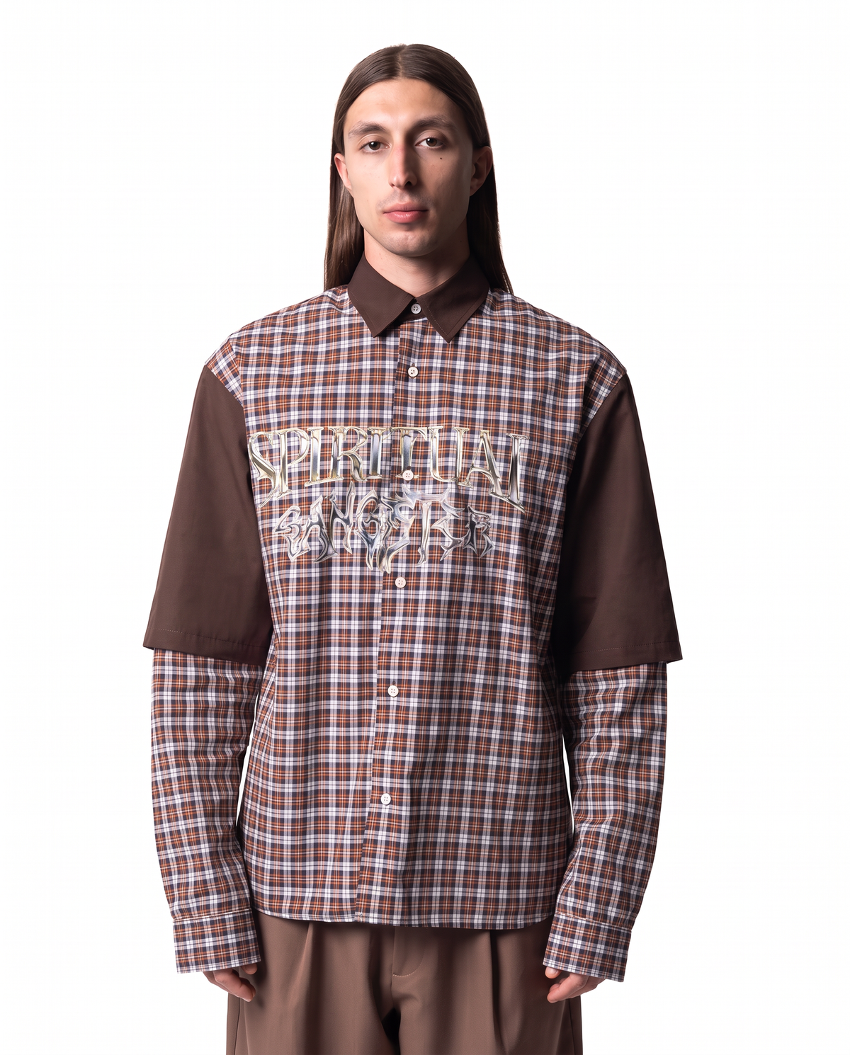 GARCIAS Spiritual Gangster Check Shirt, multicolour check with brown panels – view 1 of 5
