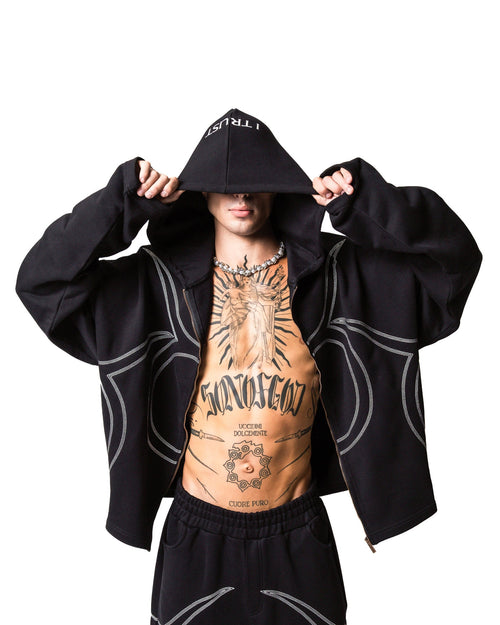 GARCIAS Dreams Jumper black – Front view with raised hood