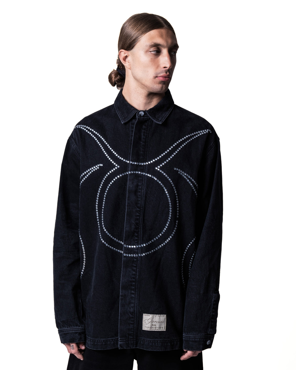 GARCIAS Juan black denim shirt with crystal embellishments – front view