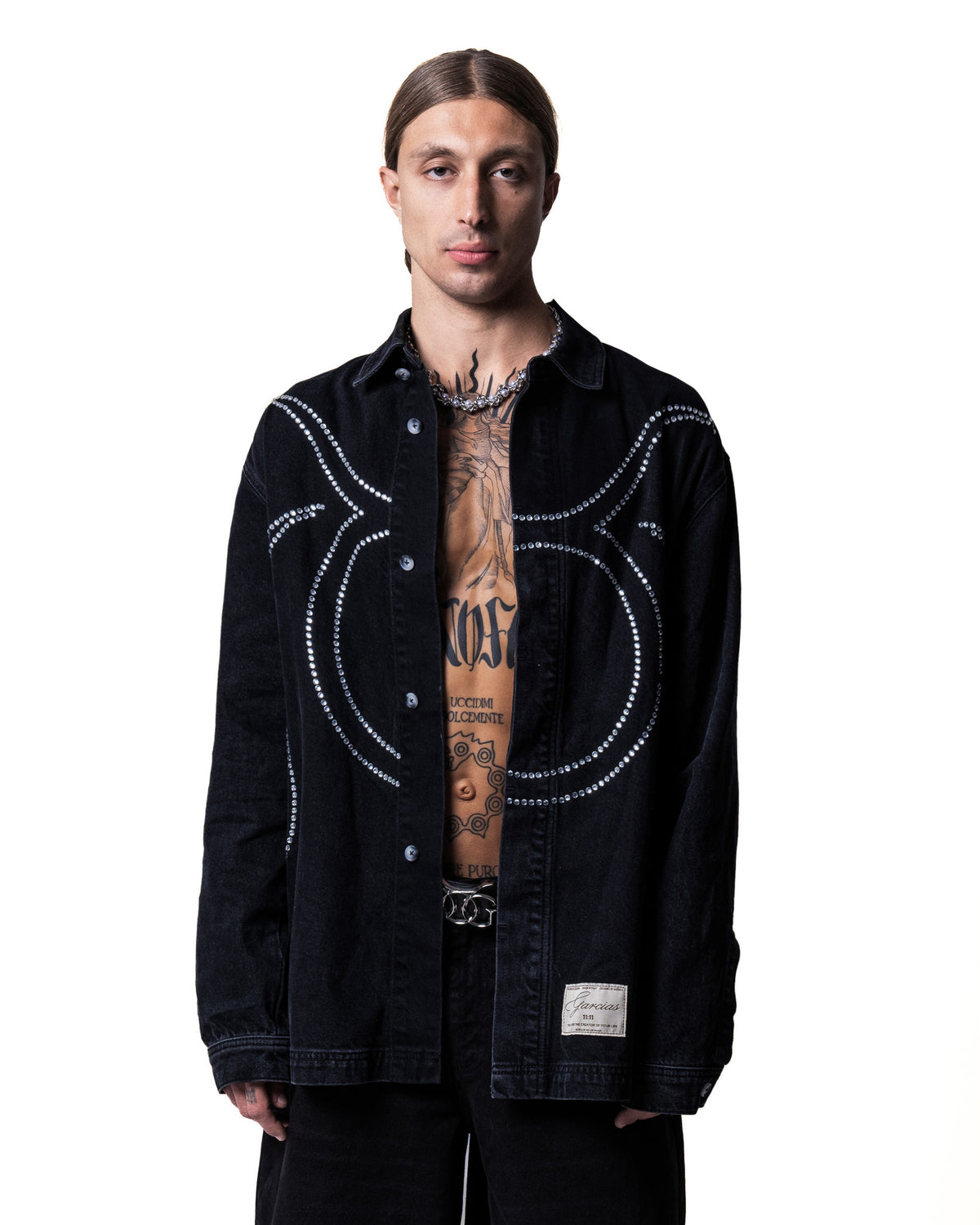 GARCIAS Juan black denim shirt with crystals – open front view