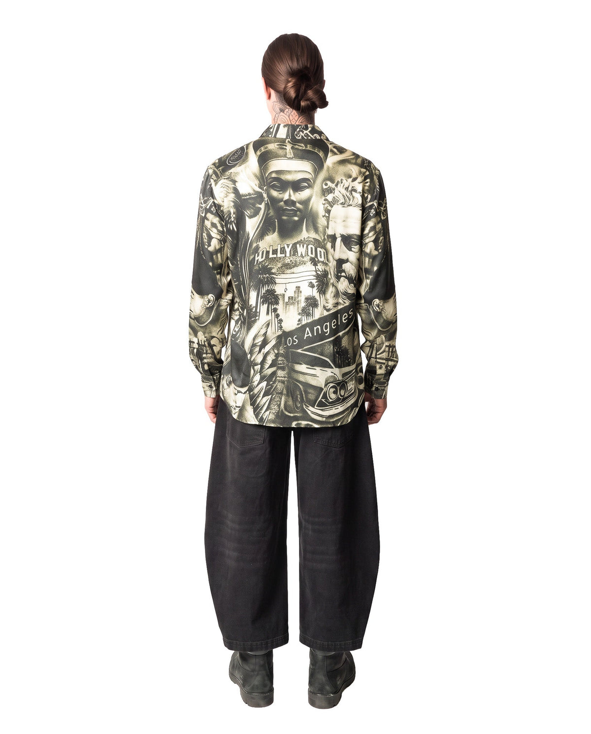 GARCIAS Los Angeles Nylo Silk Shirt – Back view, all-over monochrome print