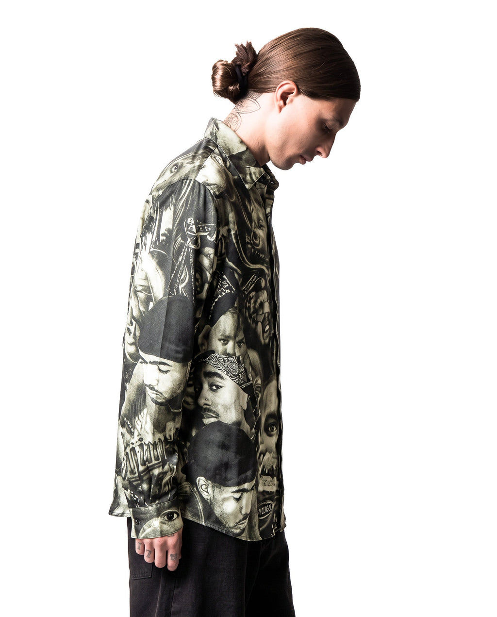 GARCIAS Los Angeles Nylo Silk Shirt – Side view, all-over monochrome print