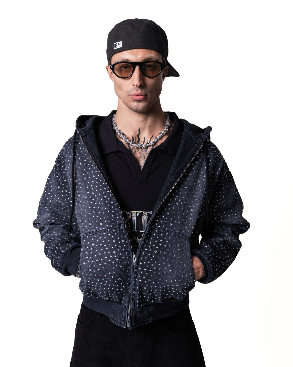 GARCIAS Ra black denim crystal hoodie – front open