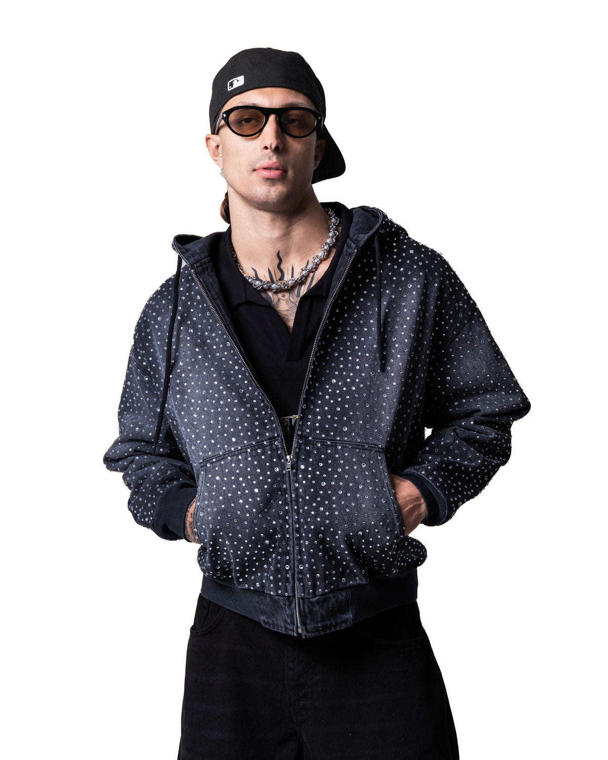 GARCIAS Ra black denim crystal hoodie – front