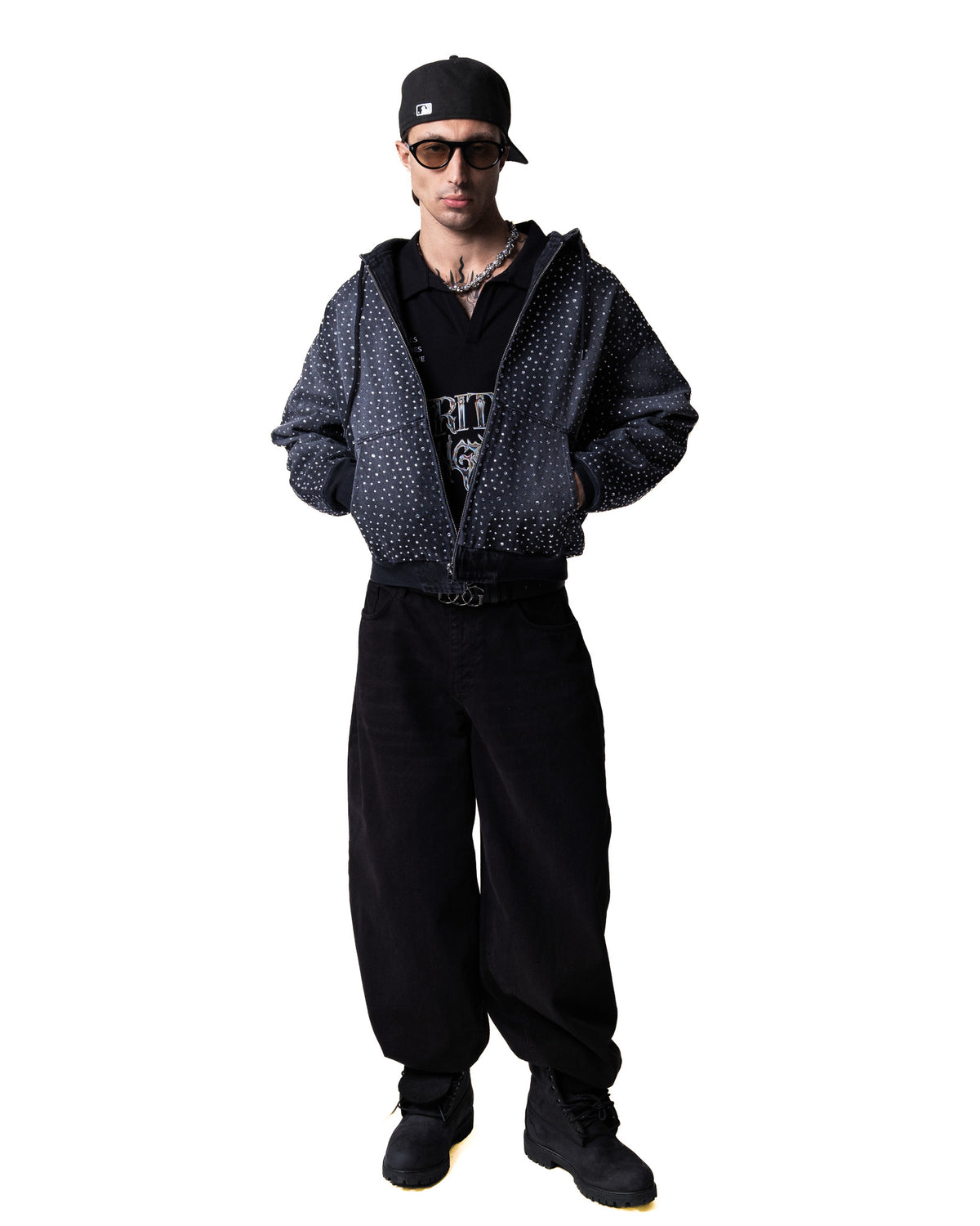 GARCIAS Ra black denim crystal hoodie – full look